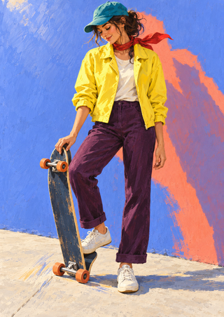 Illustration of a woman in a yellow jacket and teal cap holding a skateboard against a blue wall with a coral shadow.