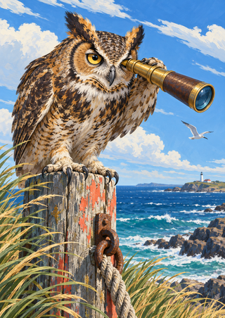 A great horned owl perched on a weathered post beside a spyglass, with a seabird, ocean and distant lighthouse.