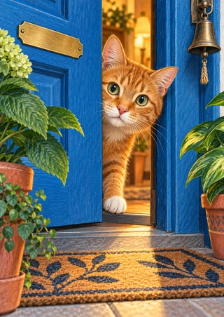 Ginger cat peeking through a bright blue door with one white-tipped paw at the threshold, leafy plants, and a patterned doormat.