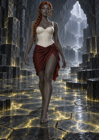 Gray-skinned, pointed-ear woman with auburn braids walking barefoot through an angular cavern with gold-lit floor cracks.