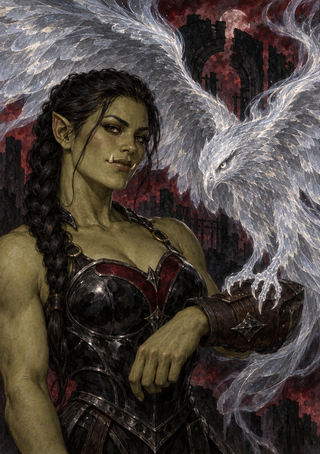 Olive-green-skinned, pointed-eared woman in dark armor beside a large pale bird with outstretched wings and ruined towers behind them.
