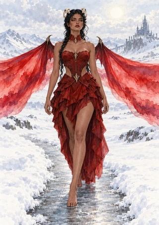 Barefoot woman in a layered crimson outfit walking through a snowy mountain stream, with broad translucent red forms and a distant castle.