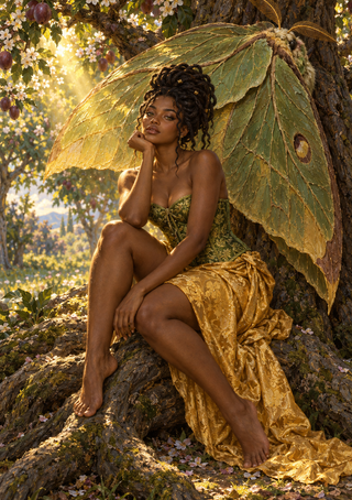 Dark-skinned woman with moth wings rests on a tree root in a sunlit orchard framed by blossoms and fruit.