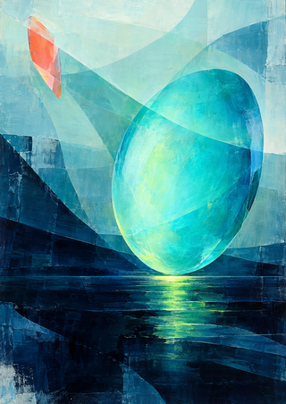 Luminous turquoise oval hovering above a midnight-blue plane, with a lime reflection, translucent angular bands, and coral accent.