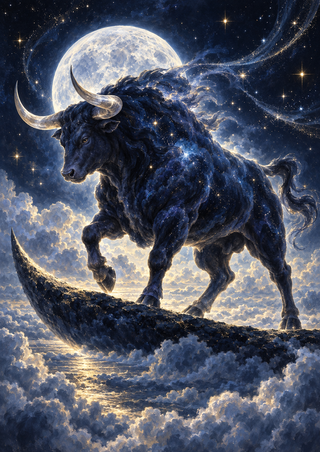 Star-speckled dark bull with curved horns standing on a crescent-shaped cloud ridge beneath a full moon and starry indigo sky.