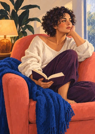 Curly-haired woman holding an open book in a coral armchair, with a blue throw, leafy plant, amber lamp, and bright window.