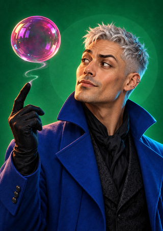 Silver-haired magician in a cobalt coat watches a glowing magenta bubble above a black-gloved fingertip.