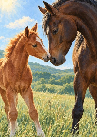 A chestnut foal nuzzles a dark bay adult horse in a grassy meadow beneath a blue, clouded sky.