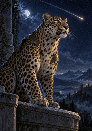 A spotted leopard in dark shoulder gear watches a bright streak in the night sky from a stone terrace.