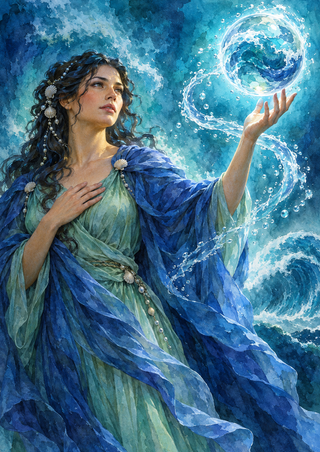 A woman in flowing blue-green garments raises an open hand toward a glowing water orb amid curling waves.