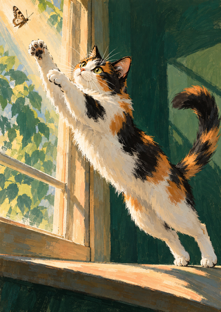 A calico cat stretches toward a small moth in a beam of sunlight beside a window, its tail curled high behind it.