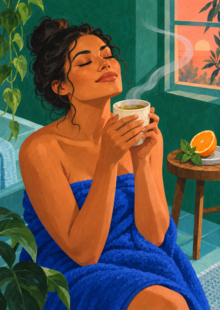 A woman wrapped in a vivid blue towel holds a steaming cup with her eyes closed; orange and mint sit on a small table beside her.