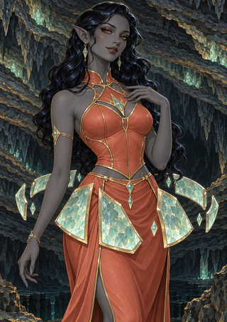 A gray-skinned, pointed-eared woman in a coral-red and gold gown stands in a dark cavern, framed by pale aqua crystal-like panels around her hips.