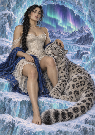Woman in an ivory dress resting a hand on a snow leopard beneath an aurora in an icy cavern.