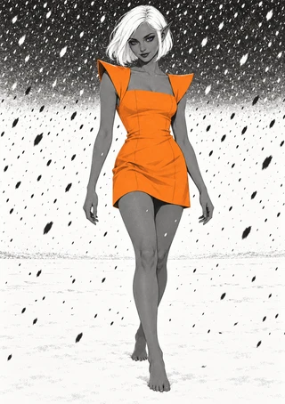 Gray-skinned, white-haired dark elf in an orange dress against a monochrome flecked backdrop.