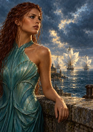 Auburn-haired woman in a teal gown at a stone parapet overlooking flower-sailed ships and a dramatic sea.