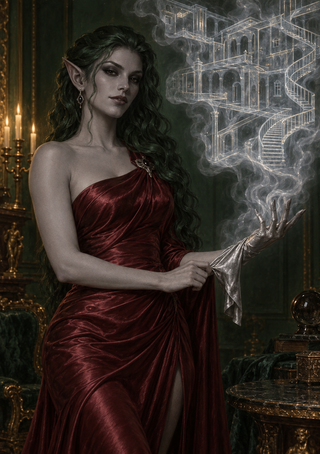 A pointed-eared woman in a burgundy gown raises a long metallic-looking glove toward a smoky, glowing architectural vision.