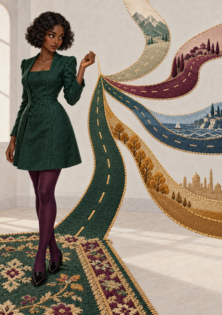 A woman in a deep-green dress holds a thread beside branching embroidered roads filled with miniature landscapes.