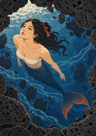 Overhead view of a dark-haired mermaid in a pale wrap swimming in blue rippled water, framed by porous black rock, with a dark scaled tail and orange-red fin.