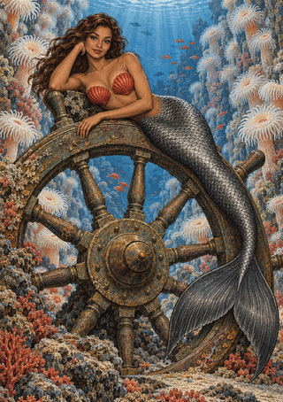 A mermaid in red shell-shaped coverings reclines across a weathered ship's wheel underwater, surrounded by pale anemones and small fish.