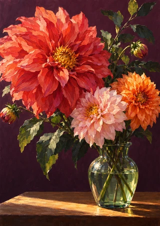 Three coral-red, pale pink, and orange dahlias with green foliage in a clear glass vase on a sunlit wooden table against plum.
