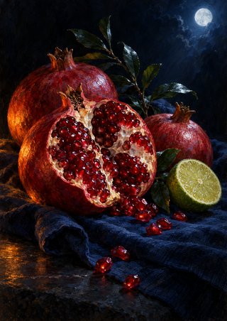 Split pomegranate with ruby seeds, whole pomegranates, lime and leafy sprig on indigo cloth beneath a moon.