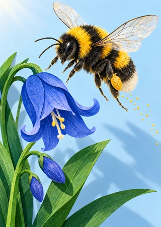 A fuzzy yellow-and-black bumblebee flies toward a bluebell, with pollen on one hind leg and gold grains trailing behind.