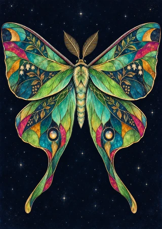 A symmetrical moth with jewel-toned stained-glass-like wings and gold botanical patterns against a starry navy background.