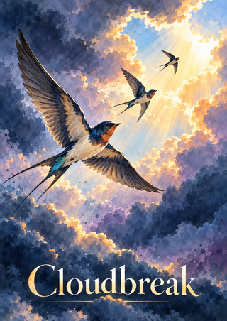 Three swallows fly toward a bright opening in indigo and lavender storm clouds, with the word “Cloudbreak” across the bottom.