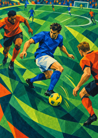 Geometric football scene with a blue-shirted player turning toward a yellow ball between two orange-shirted opponents.
