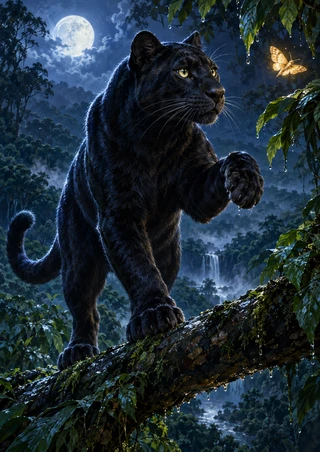 A black panther raises a forepaw toward a glowing amber moth on a wet branch in a moonlit rainforest with a waterfall behind.
