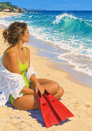 An adult woman in a chartreuse swimsuit sits on the beach holding red swim fins and gazing at a curling turquoise wave.