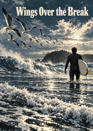 Back-view surfer carrying a pale surfboard into foamy water beneath gulls and a distant headland, with Wings Over the Break title above.