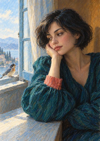Adult woman in a teal blouse rests her cheek on one hand and looks toward a small bird perched on an open window sill.