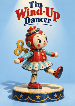 Colorful tin wind-up dancer with a visible key, raised foot and striped skirt standing on a star-decorated plinth against pale blue.