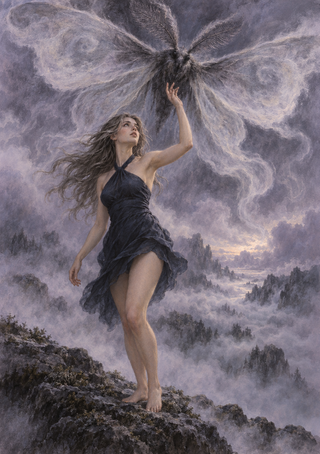 A woman in a dark dress reaches toward a huge moth with mist-like wings above a rocky ledge overlooking a foggy forest valley.