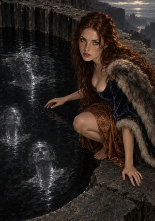 A red-haired woman touches the surface of a dark stone pool where two pale faces appear in the water.