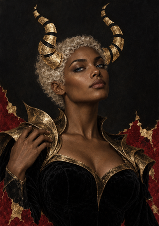 Close portrait of a dark-skinned woman with pale curls, segmented gold horns, and pointed gold-edged shoulder armor.