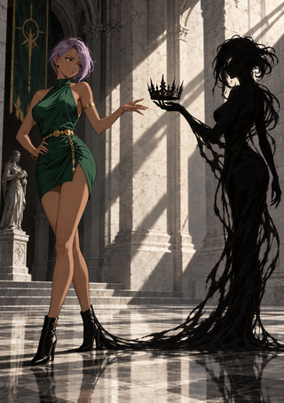 Purple-haired woman in an emerald dress faces a flowing black shadow holding out a crown in a sunlit stone hall.