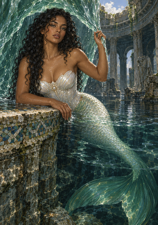 Curly-haired mermaid with a pale green scaled tail beside a tiled pool beneath curling water in a ruined stone courtyard.