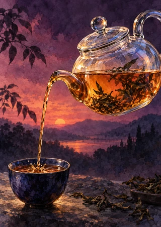 A glass teapot containing amber tea and leaves pours into a dark cup, with a sunset, distant hills, water, and a dish of loose tea leaves.