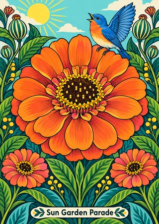 A blue-and-orange bird perches on a large orange flower among patterned foliage, smaller blooms, seedpods, and a sun.