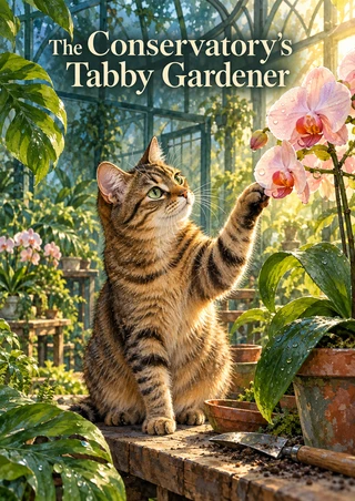 A brown tabby on a greenhouse potting bench raises a paw toward pink orchids amid foliage and pots; the title spans the top.
