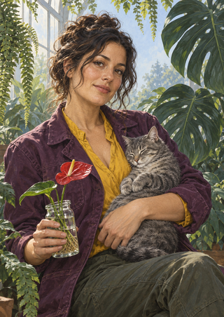 A seated woman in a plum jacket cradles a sleeping gray tabby and holds a jar with a red anthurium cutting amid greenhouse foliage.