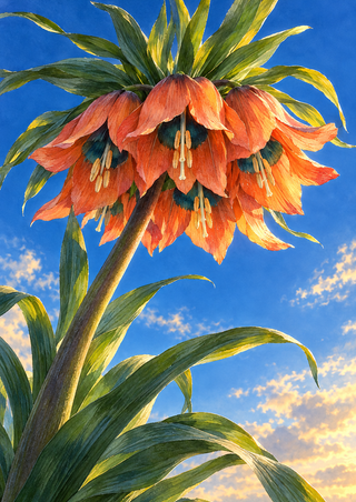 Coral-orange crown imperial bells with dark teal centers and long green leaves against a saturated blue sky.