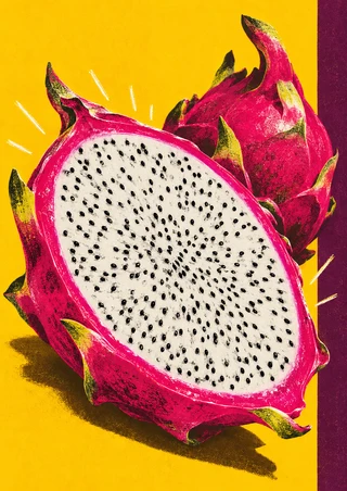 A large halved dragon fruit with white, black-seeded flesh and magenta rind overlaps a whole fruit against a yellow background with a plum stripe.
