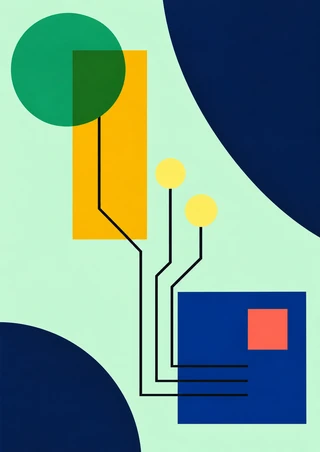 Geometric shapes in emerald, saffron, yellow, blue and coral sit on a pale mint background.