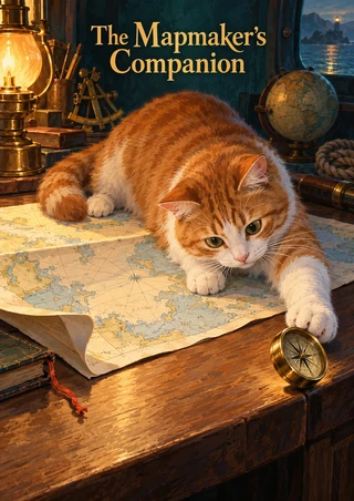 A ginger-and-white cat reaches toward a brass compass on a nautical chart beneath the title The Mapmaker’s Companion, with a lantern and globe nearby.
