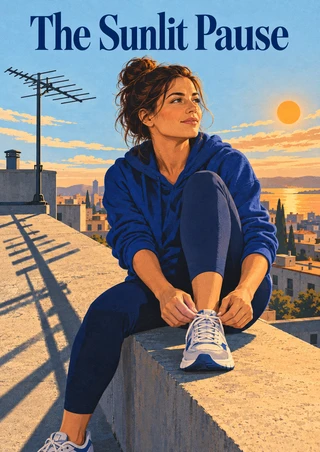 Adult woman in blue tying a sneaker on a rooftop ledge, with a long antenna shadow, city skyline, orange sun, and title above.