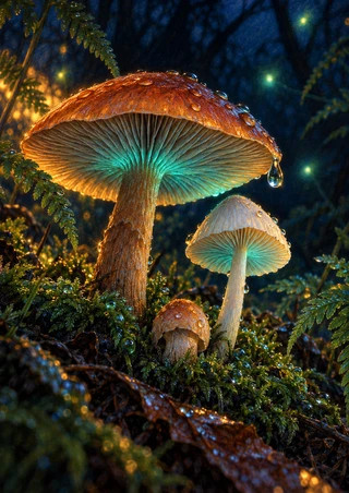 Three mushrooms among wet-looking moss, including a rust-orange gilled cap shedding a droplet, a slender pale mushroom and a small button.